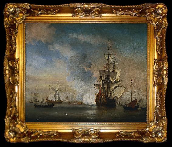 framed  Willem Van de Velde The Younger English Warship Firing a Salute, ta009-2